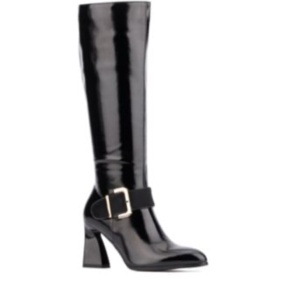 TORGEIS ABRIANA FLARED HEEL‎ TALL BLACK PATENT LEATHER BOOTS SIZE 7.5